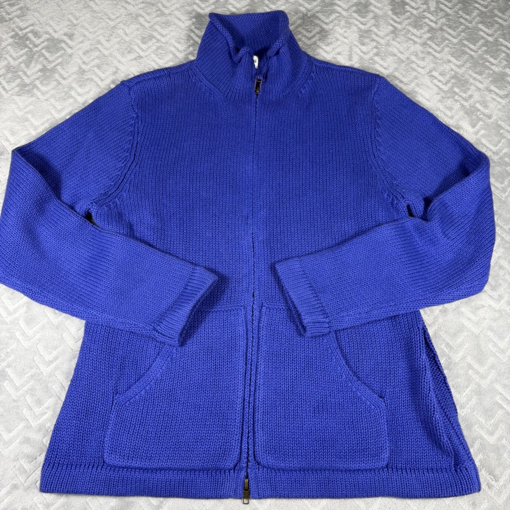 Chico's Full Zip Cardigan Women's Size Medium (1) Blue Ramie Cotton Mock Neck‎